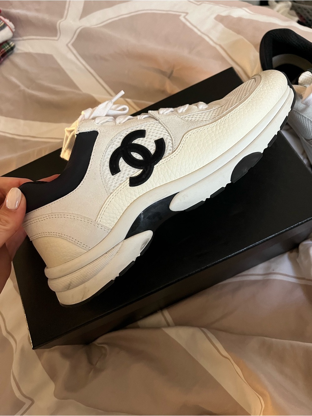 CHANEL White and Black Low-Top Sneakers